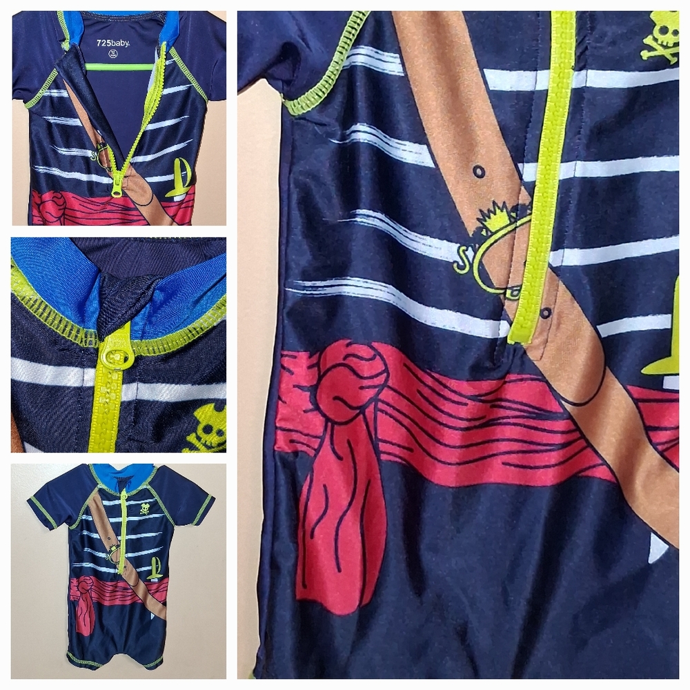 Kids Pirate Rashguard Swimsuit - Navy with Red Accent